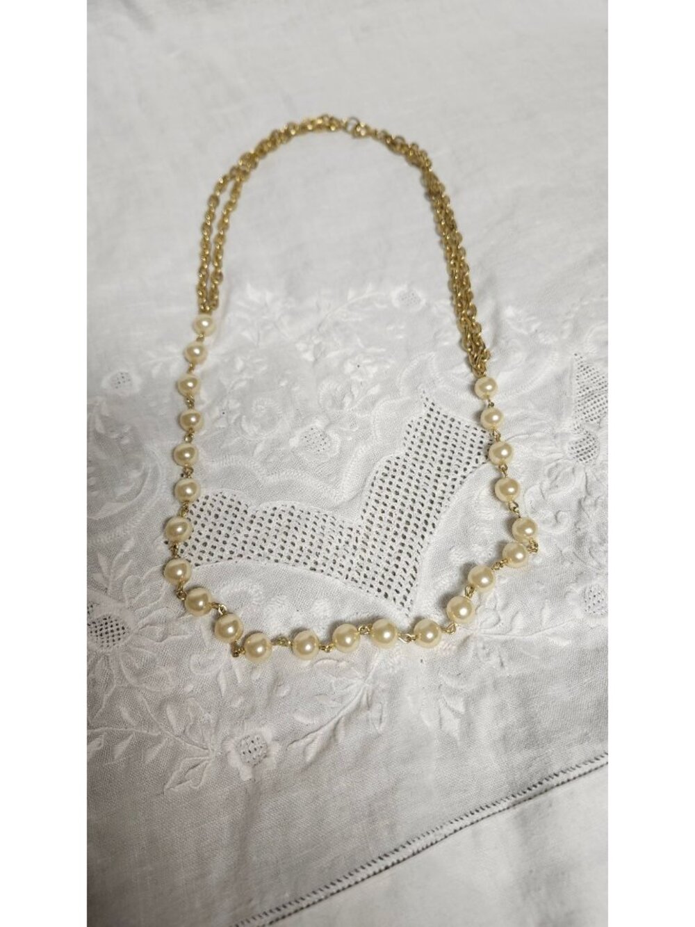 Vintage Gold-Tone Double Chain Necklace With Faux Pearls & Spring Ring Clasp - Picture 5 of 6